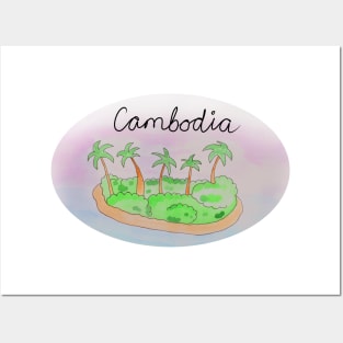 Cambodia watercolor Island travel, beach, sea and palm trees. Holidays and vacation, summer and relaxation Posters and Art